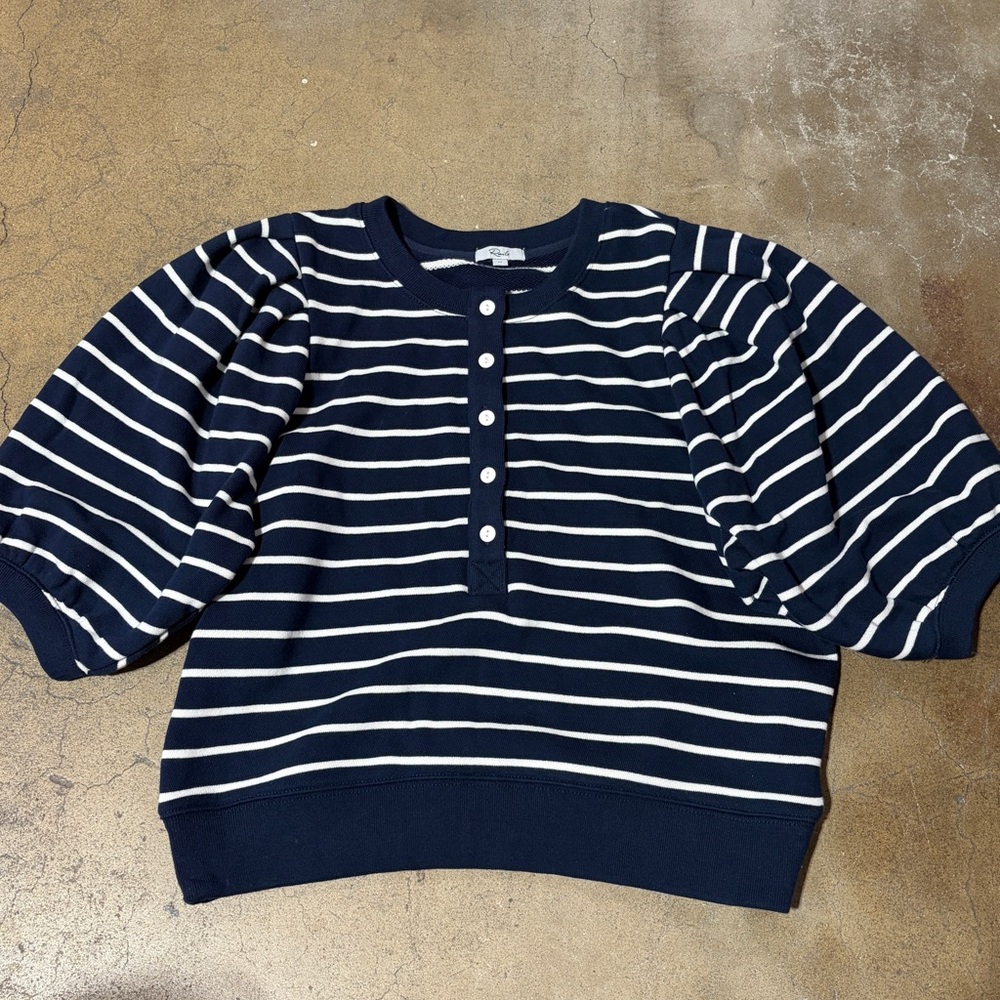 Rails Dom Puffed Sleeve Cotton Navy White Striped Button Up Henley Sweater Top